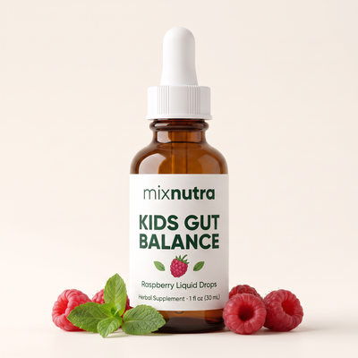 Mixnutra Kids Gut Balance raspberry liquid drops bottle