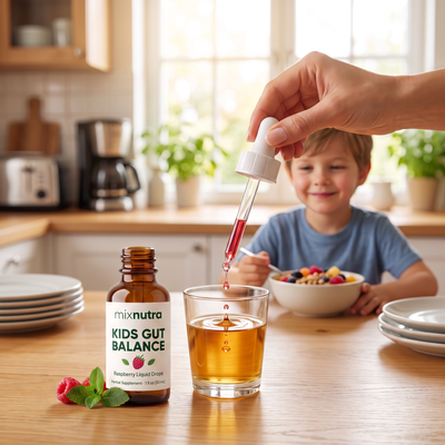 Adding one dropper of Kids Gut Balance to juice at breakfast