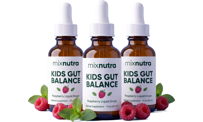 Three bottles of Mixnutra Kids Gut Balance with raspberries